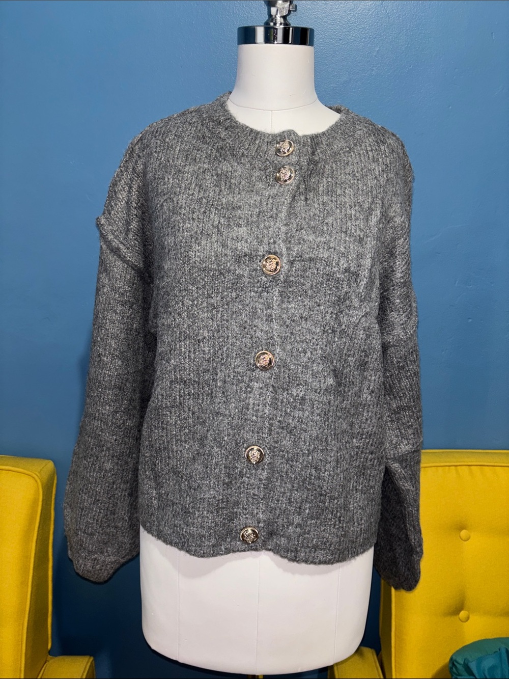 Classic Gray Button-Front Women's Sweater